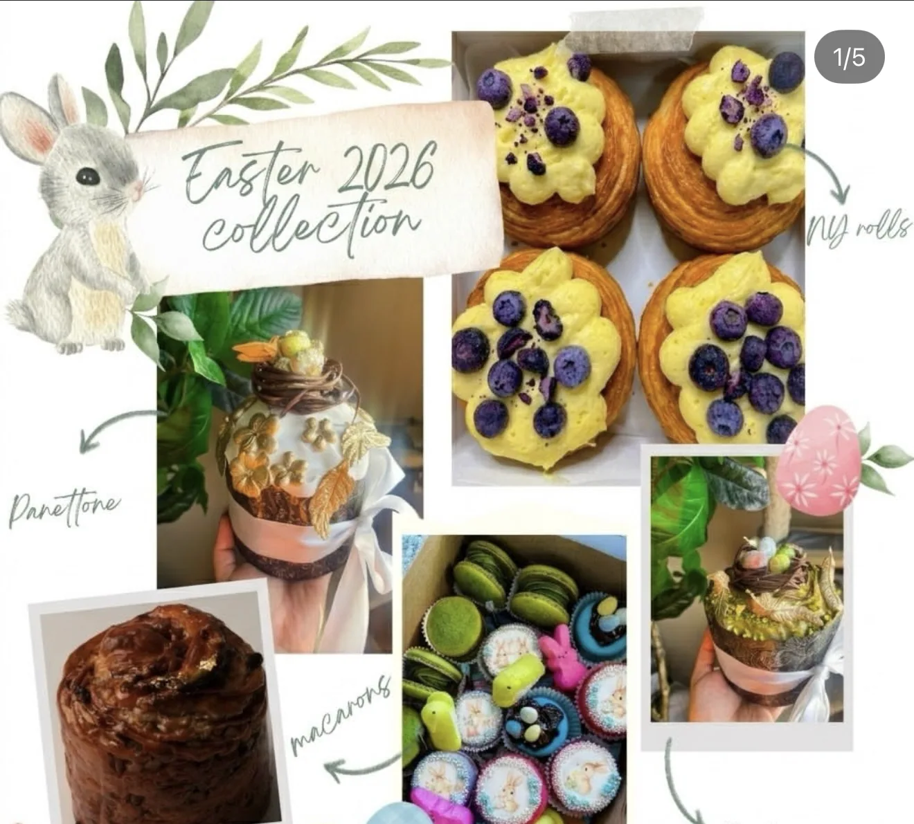 Easter 2026 collection collage featuring cruffins, paska, panettone, and macarons with bunny graphic