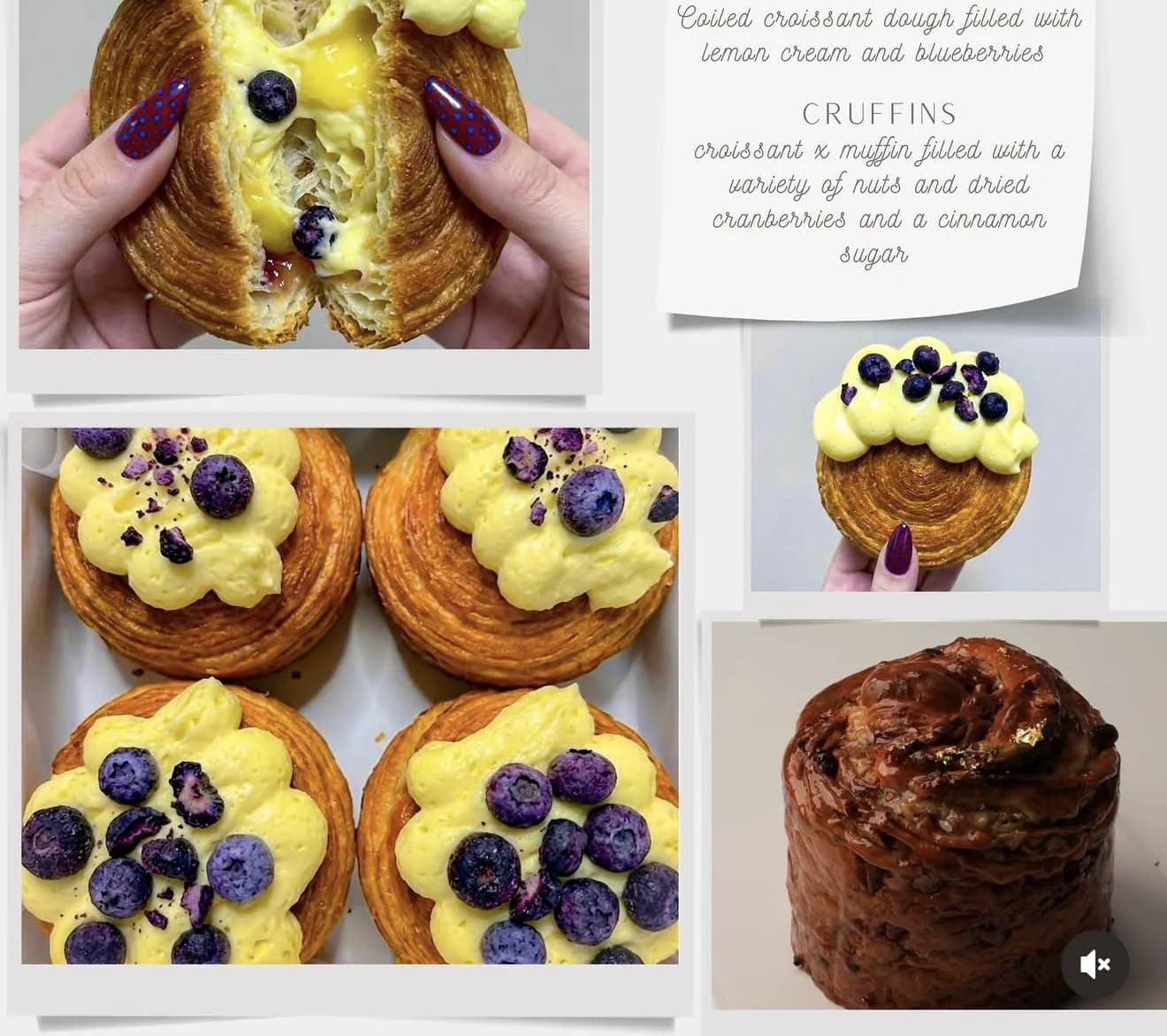 Collage of NY rolls and cruffins topped with lemon cream and blueberries alongside description card