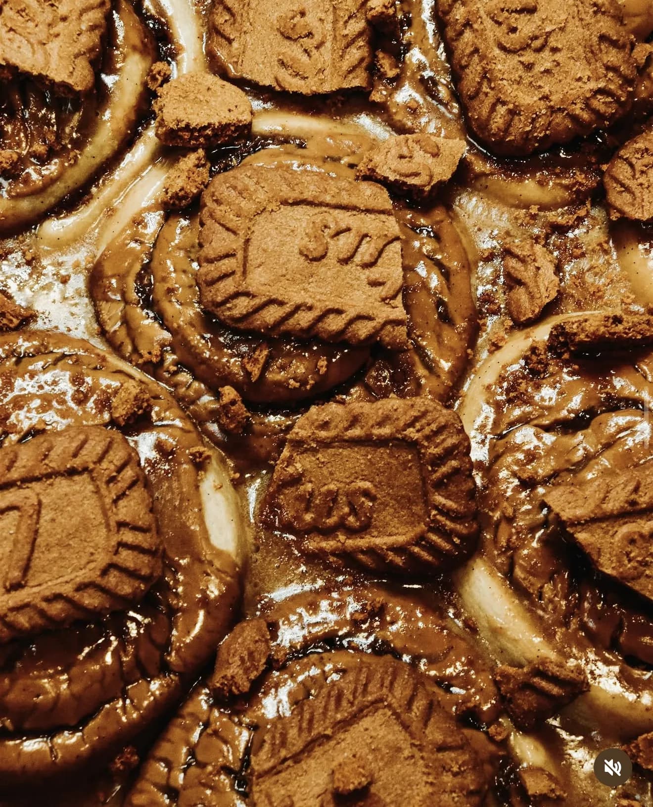 Alternate Biscoff cookie and caramel dessert arrangement with dense textural composition