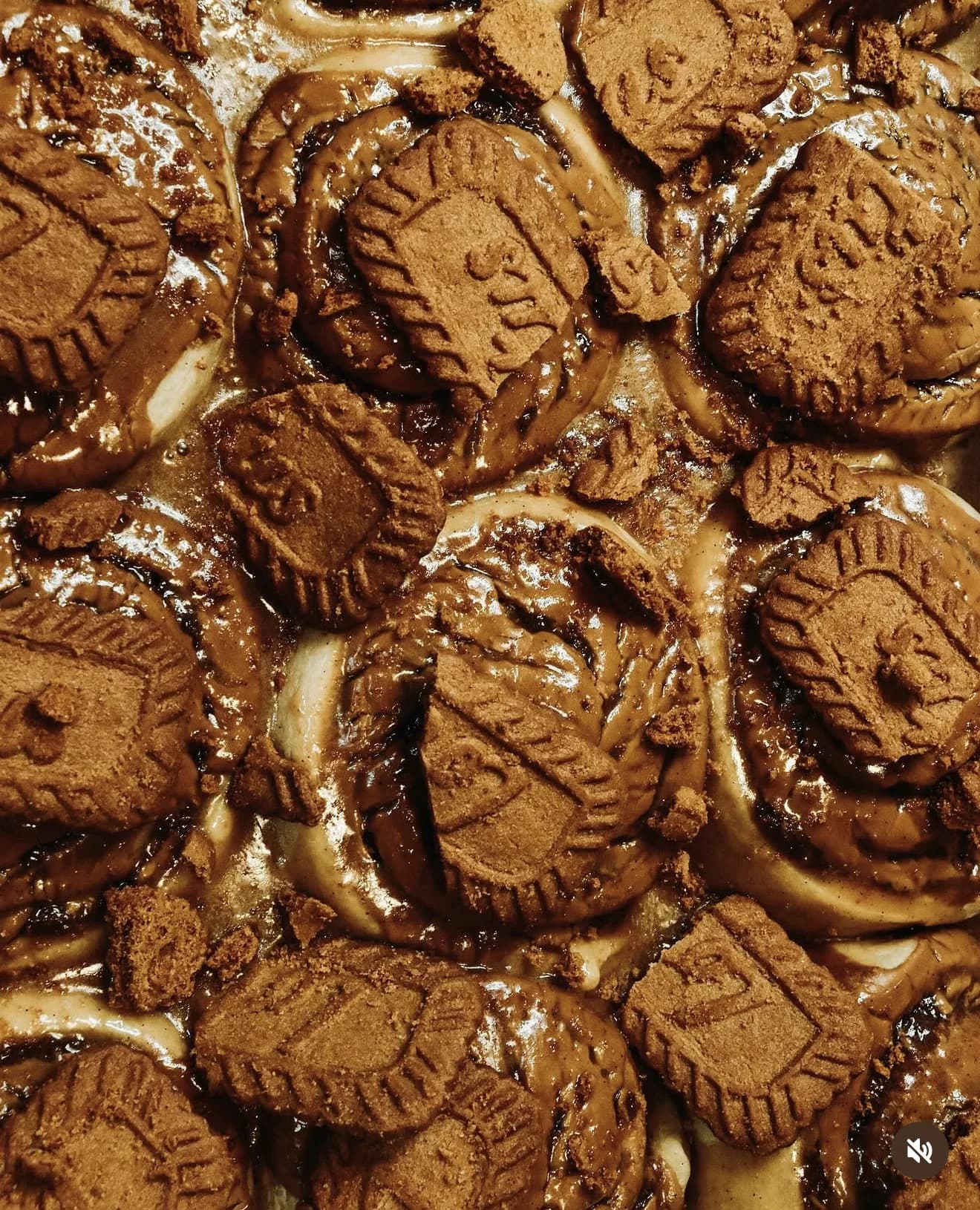 Tight macro of Biscoff cookies in caramel glaze packed together for texture shot
