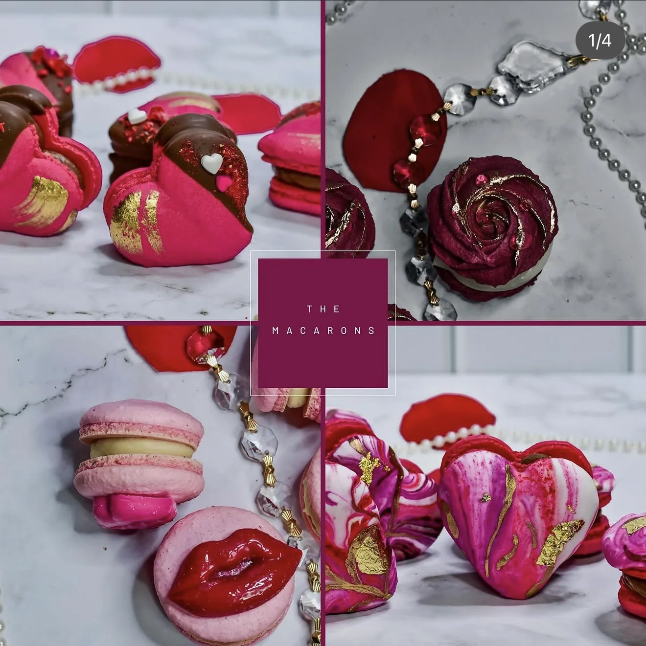 Four-panel Valentines macaron collage with rose-shaped and heart-shaped macarons in pink and red