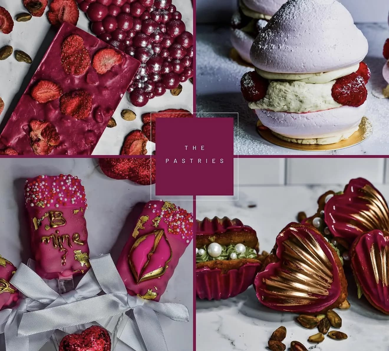 Four-panel pastry collage with chocolate bar strawberries cakesicles and tart shells in pink tones