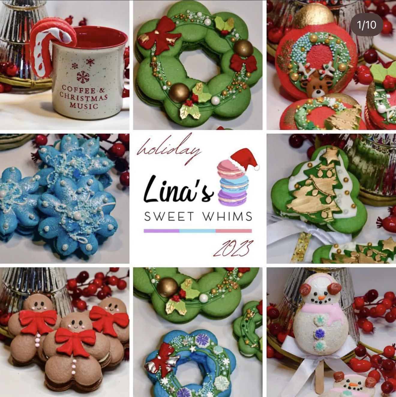 Nine-panel holiday 2023 collage with snowflakes wreath cookie macarons and brand logo center