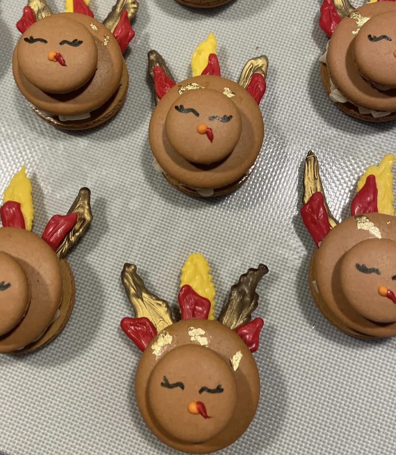 Tray of brown macarons decorated as turkeys with red yellow brown piped feather wings