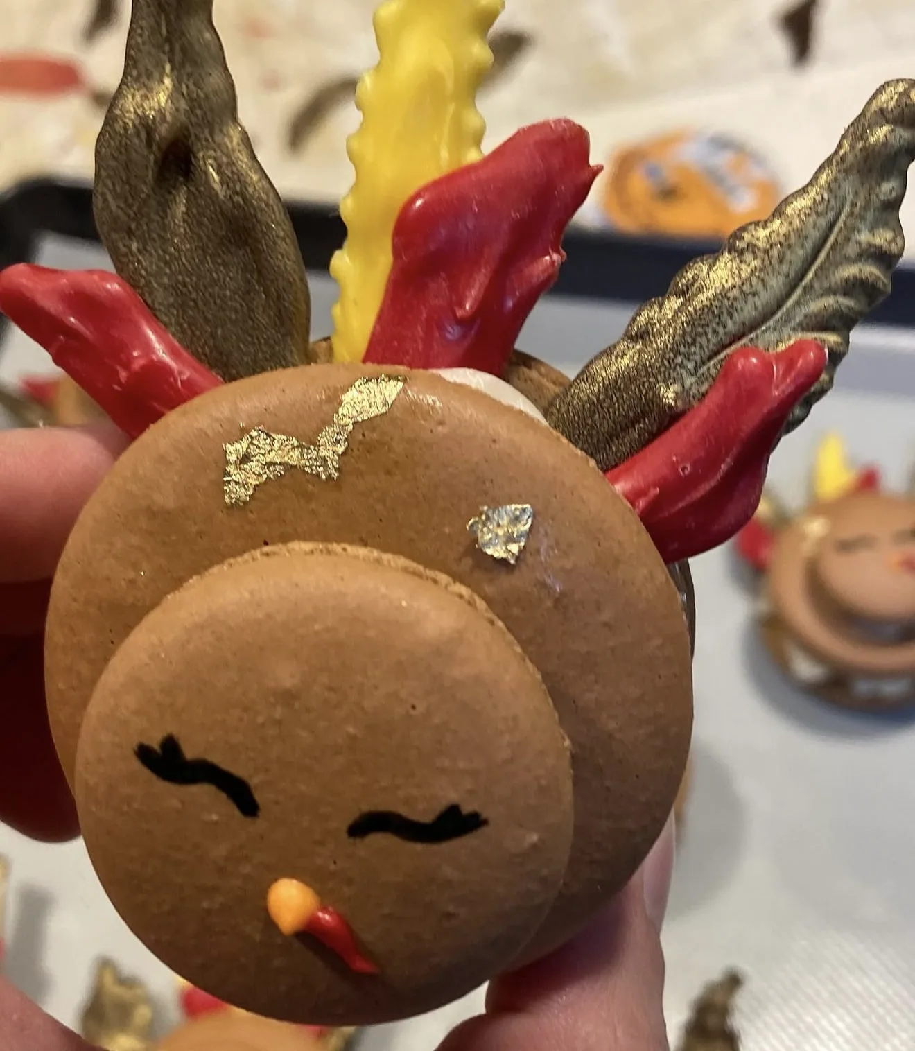 Hand holds brown turkey-decorated macaron with gold bindi and piped feather plumes