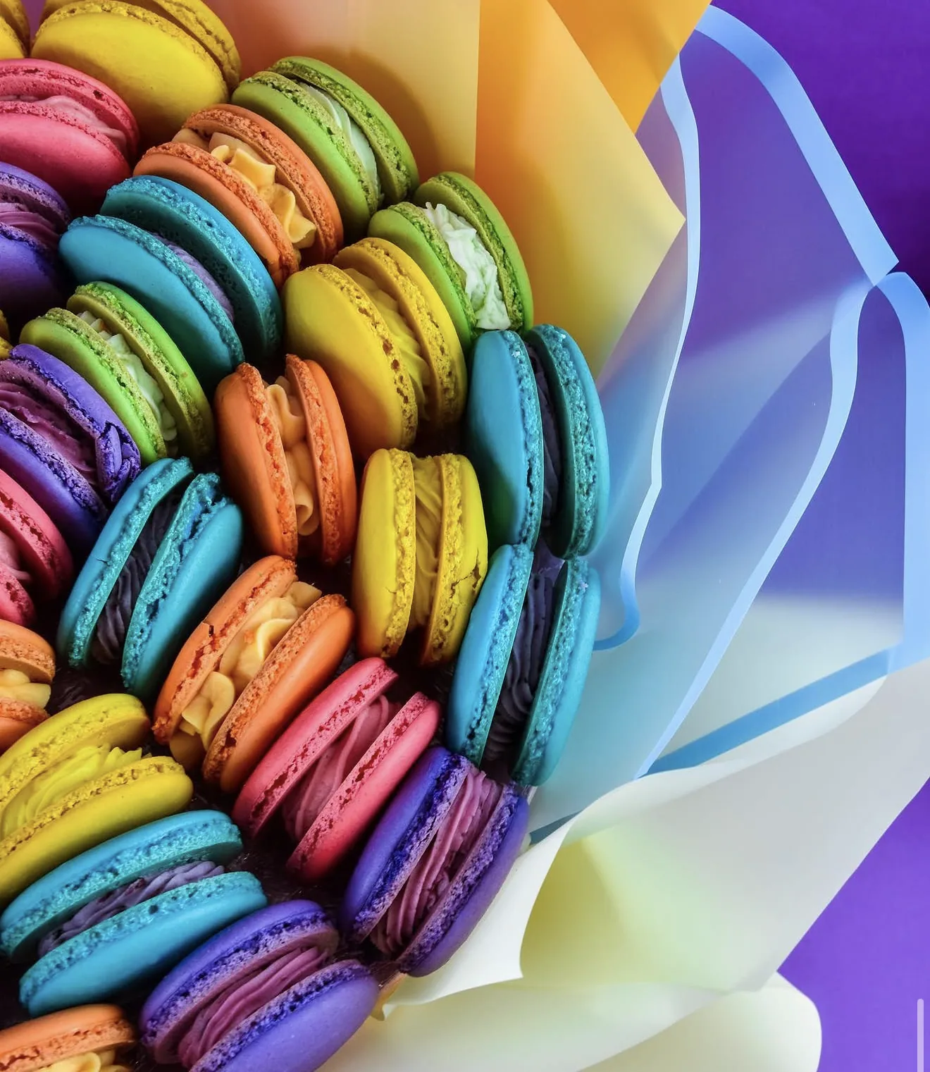 Alternate rainbow macaron bouquet wrapped in pastel paper on purple backdrop with ribbons