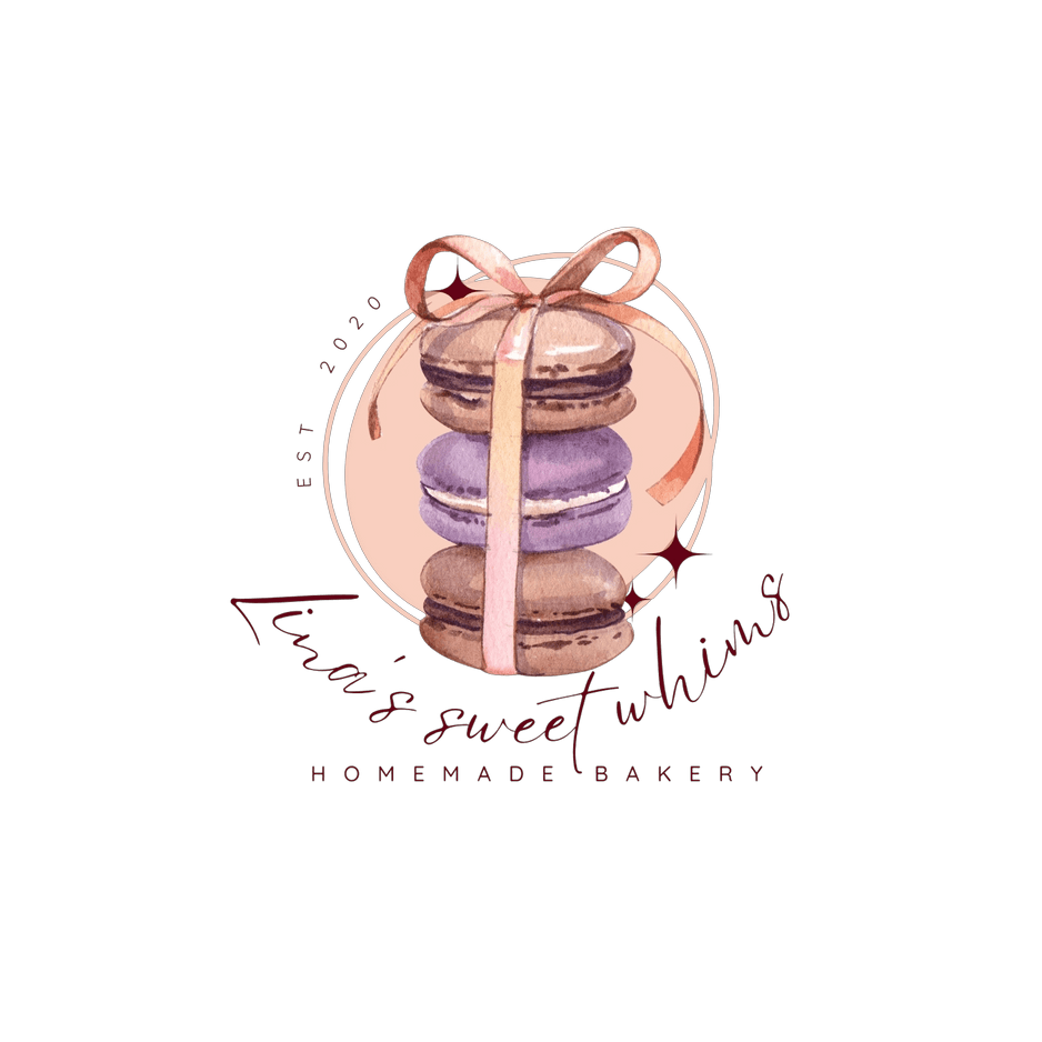 Lina's Sweet Whims watercolor emblem — three stacked macarons in chocolate, lavender, and rose