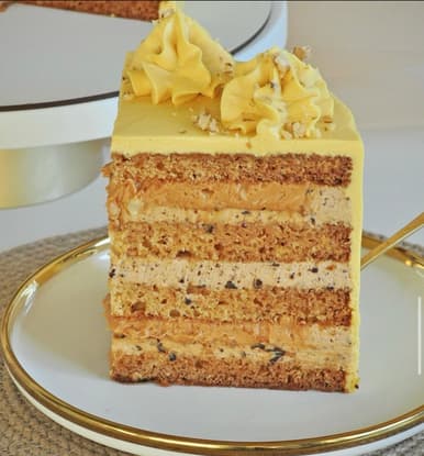 Cross-section of Honey Cake with Prune & Caramel cake