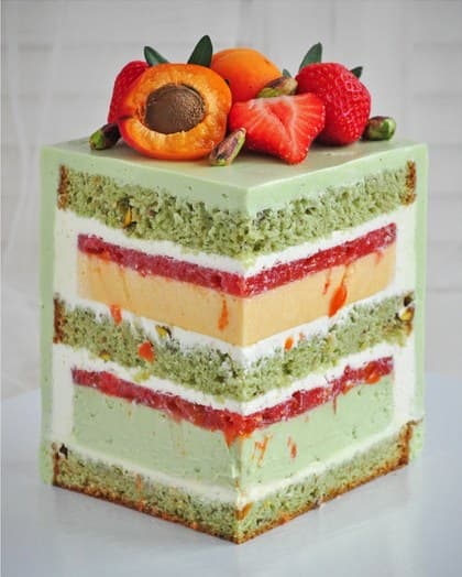 Cross-section of Pistachio-Strawberry-Apricot cake