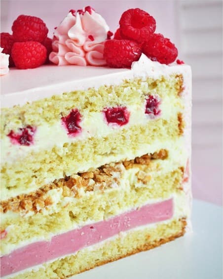Cross-section of Raspberry-Almond-White Chocolate cake